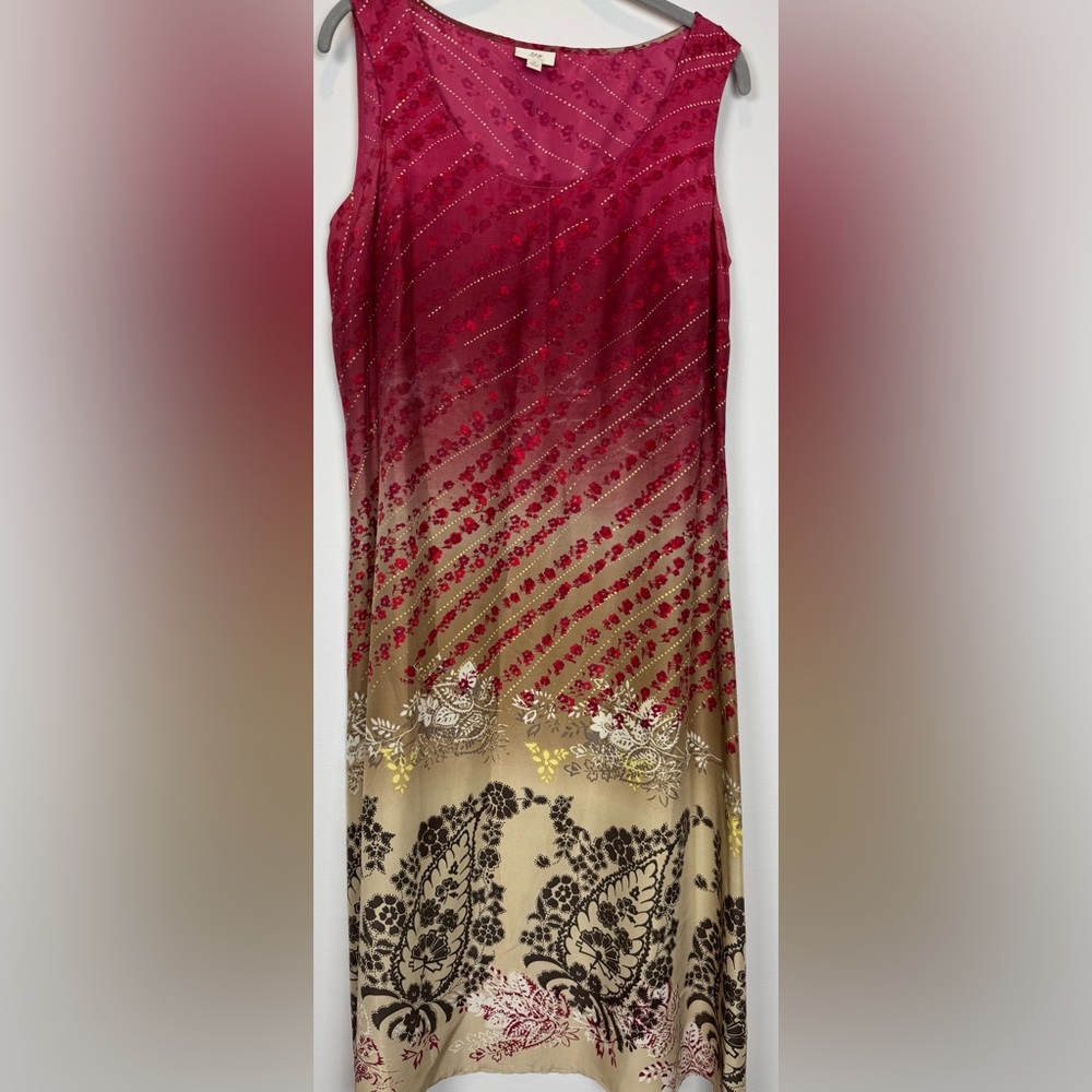 J.Jill 100% Silk Floral Paisley Ombre Midi Shift Dress Medium Sleeveless